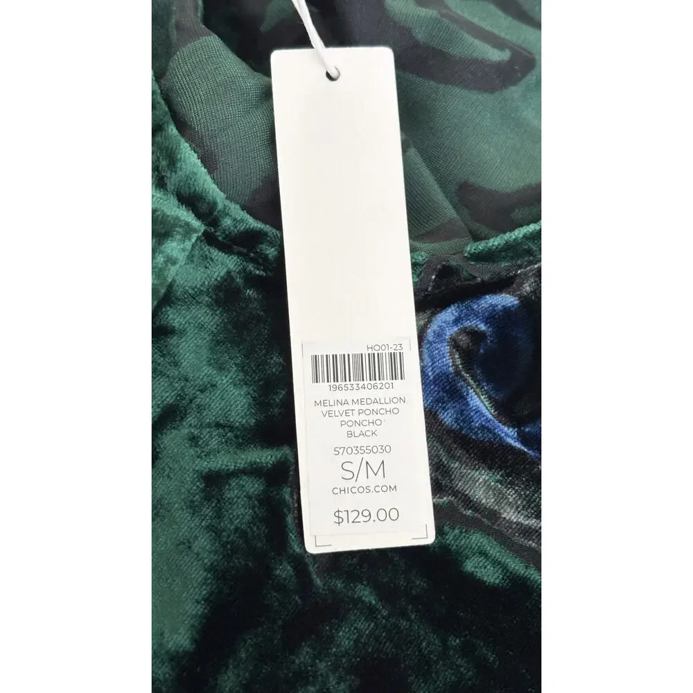 Chicos Silk Blend Velvet Burnout Poncho Womens Size Small / Medium New Green